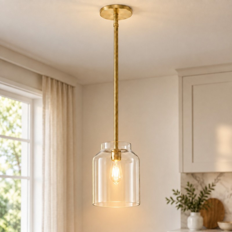 Drilon Modern Brass Rod Glass Shade Pendant Light