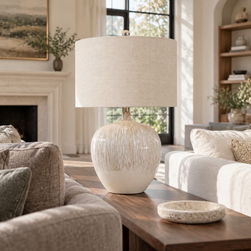 Ulysse Rustic Ceramic Pot Drum Shade Table Lamp