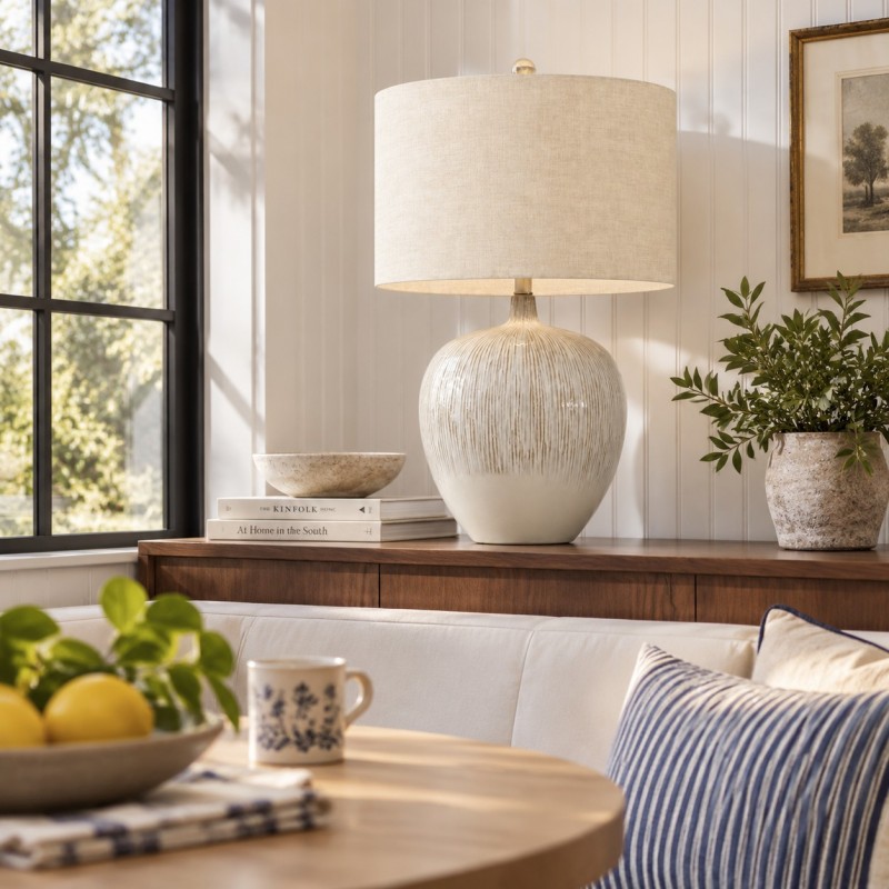 Ulysse Rustic Ceramic Pot Drum Shade Table Lamp