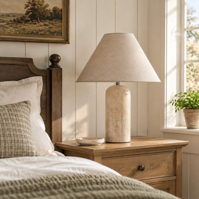 Hamlin Modern Linen & Travertine Cylindrical Table Lamp