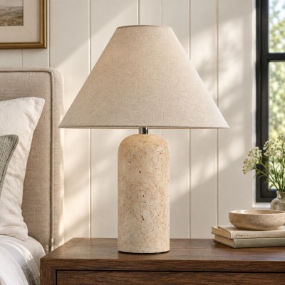 Hamlin Modern Linen & Travertine Cylindrical Table Lamp