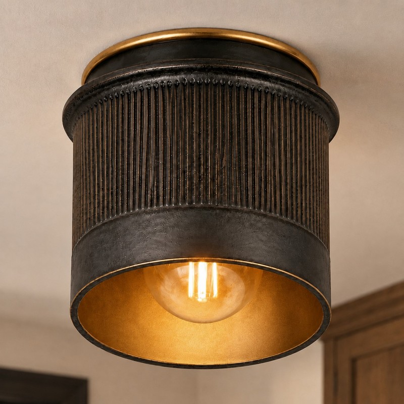 Damon Vintage Cylinder Fluted Metal Flush Mount Ceiling Light