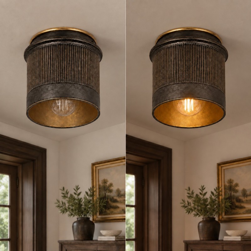 Damon Vintage Cylinder Fluted Metal Flush Mount Ceiling Light
