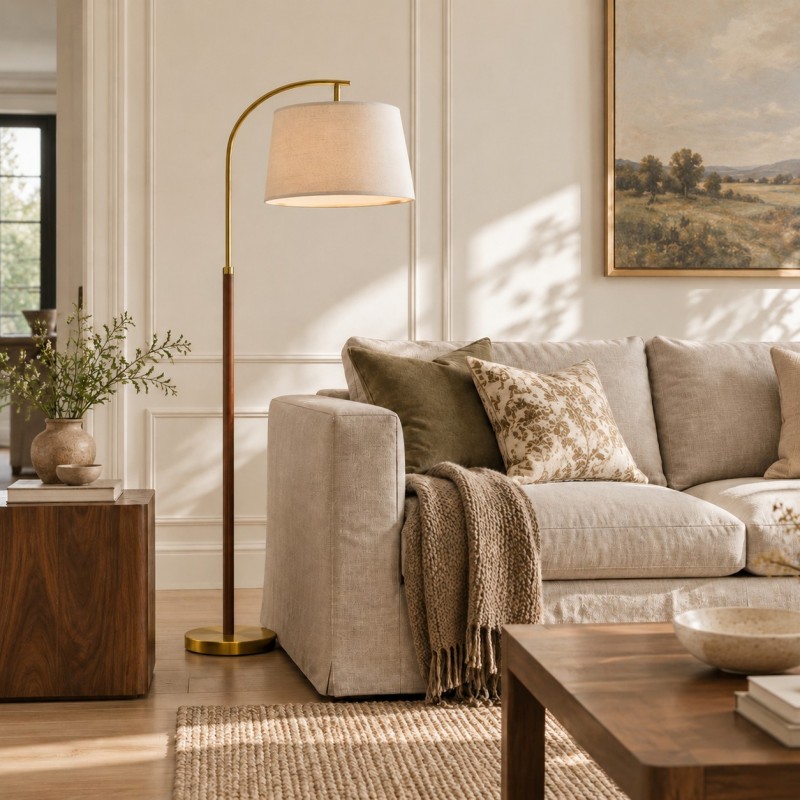 Zaden Vintage Gold Linen Shade Floor Lamp