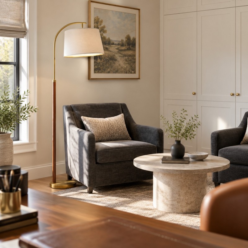 Zaden Vintage Gold Linen Shade Floor Lamp