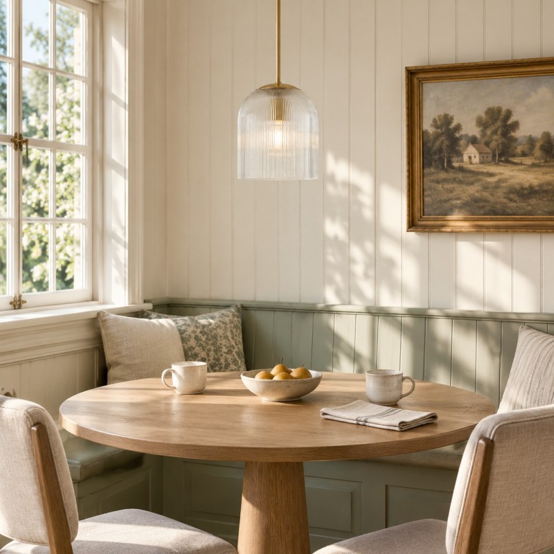Alain Farmhouse Cooper Ribbed Glass Pendant Light For Dining Room & Kitchen