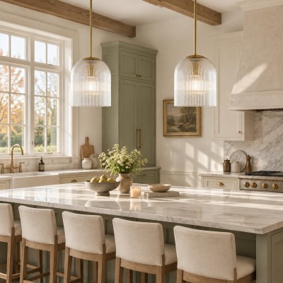 Alain Farmhouse Cooper Ribbed Glass Pendant Light For Dining Room & Kitchen