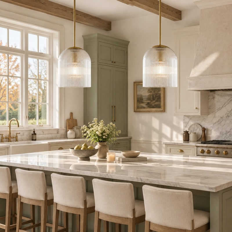Alain Farmhouse Cooper Ribbed Glass Pendant Light For Dining Room & Kitchen
