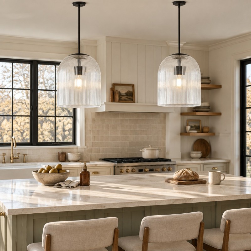 Alain Farmhouse Cooper Ribbed Glass Pendant Light For Dining Room & Kitchen