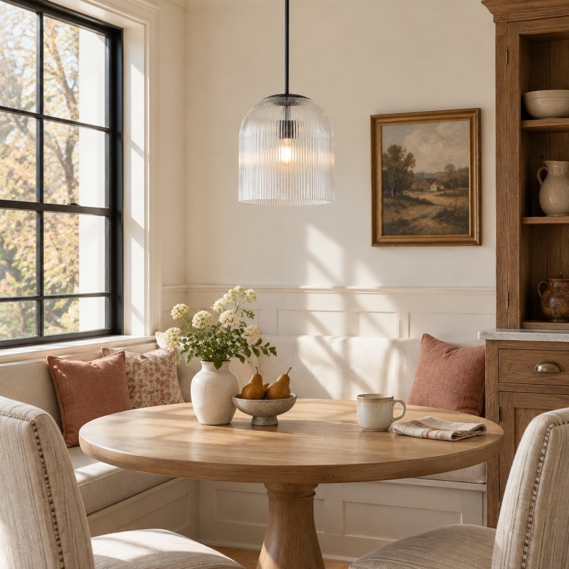 Alain Farmhouse Cooper Ribbed Glass Pendant Light For Dining Room & Kitchen