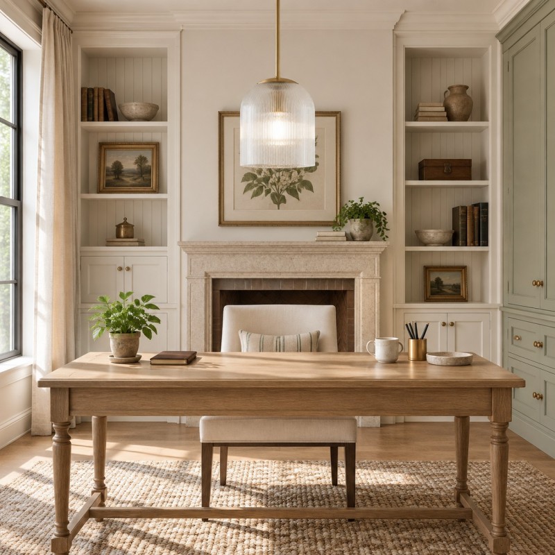 Alain Farmhouse Cooper Ribbed Glass Pendant Light For Dining Room & Kitchen