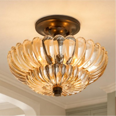 Raveena Vintage Amber Glass Semi Flush Mount Floral Ceiling Light