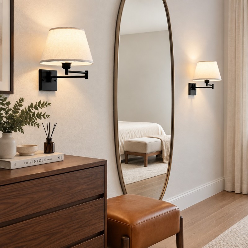 Vynith Battery Opperated White Linen Dimmable Swing Arm Sconce