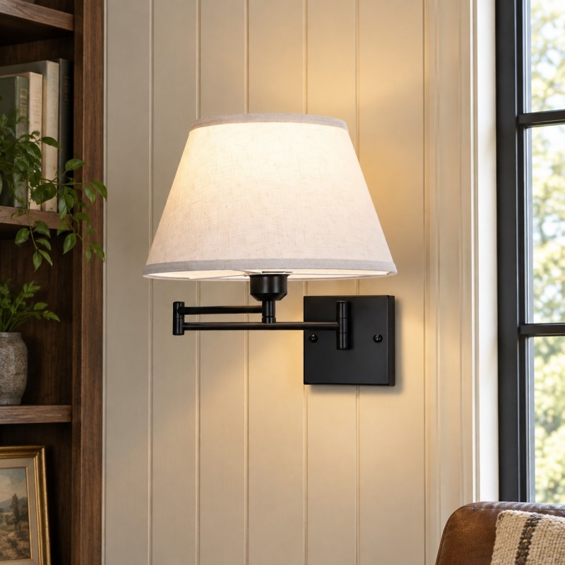 Vynith Battery Opperated White Linen Dimmable Swing Arm Sconce