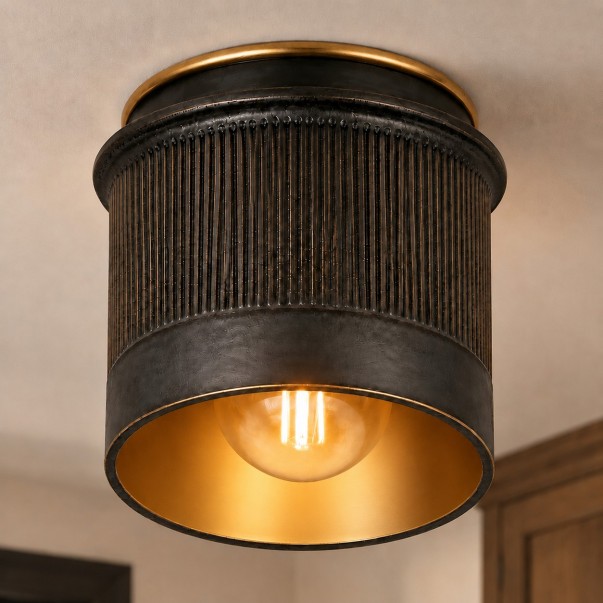 Damon Vintage Cylinder Fluted Metal Flush Mount Ceiling Light
