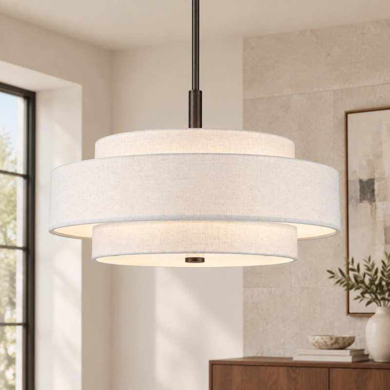 Harlow Linen Blend 5 Light Metal Double Tier Drum Pendant Light
