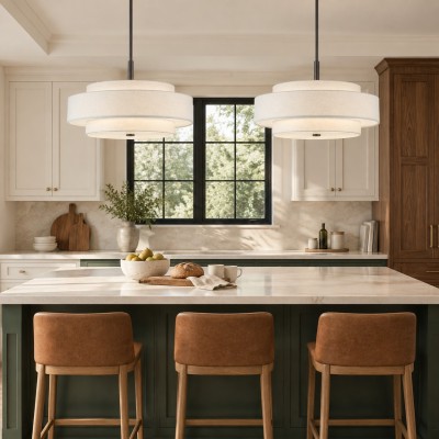 Harlow Linen Blend 5 Light Metal Double Tier Drum Pendant Light