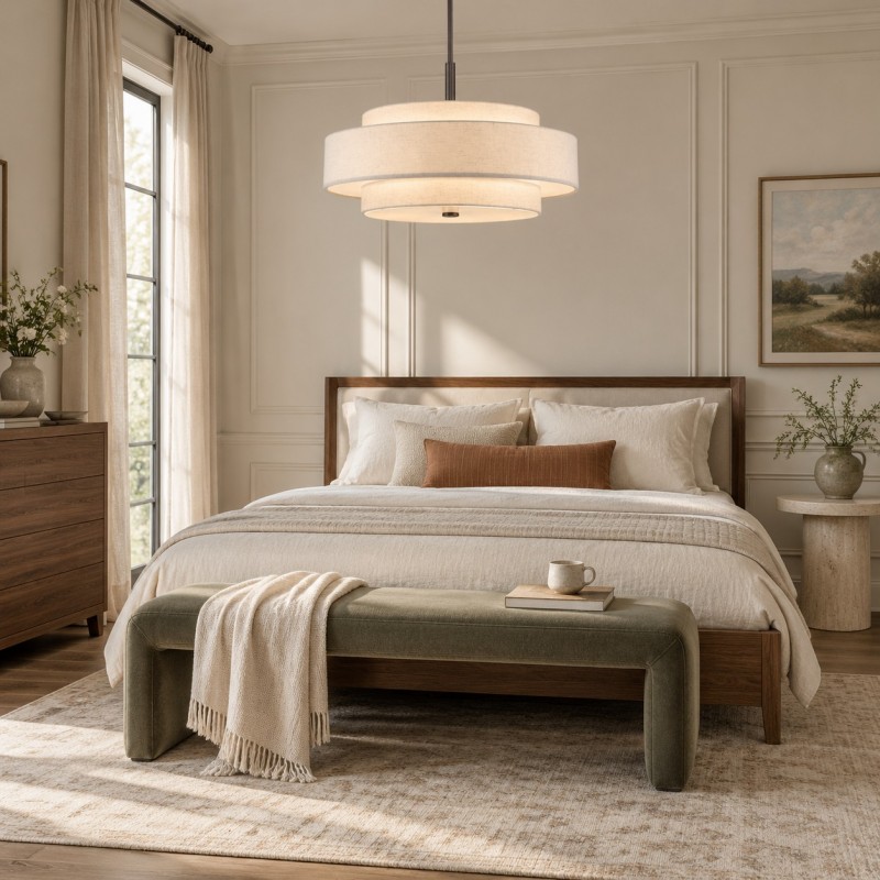 Harlow Linen Blend 5 Light Metal Double Tier Drum Pendant Light
