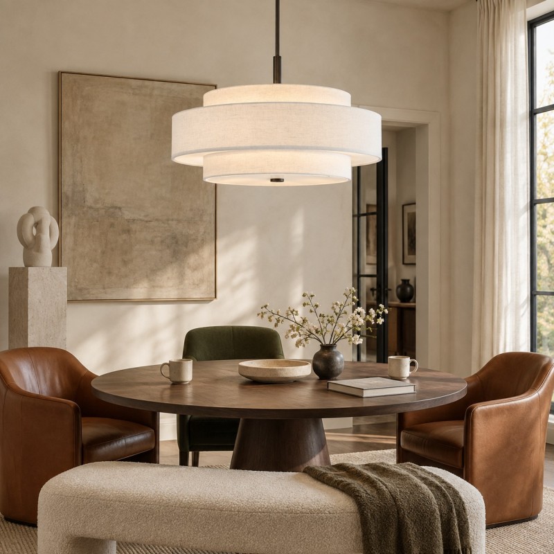 Harlow Linen Blend 5 Light Metal Double Tier Drum Pendant Light