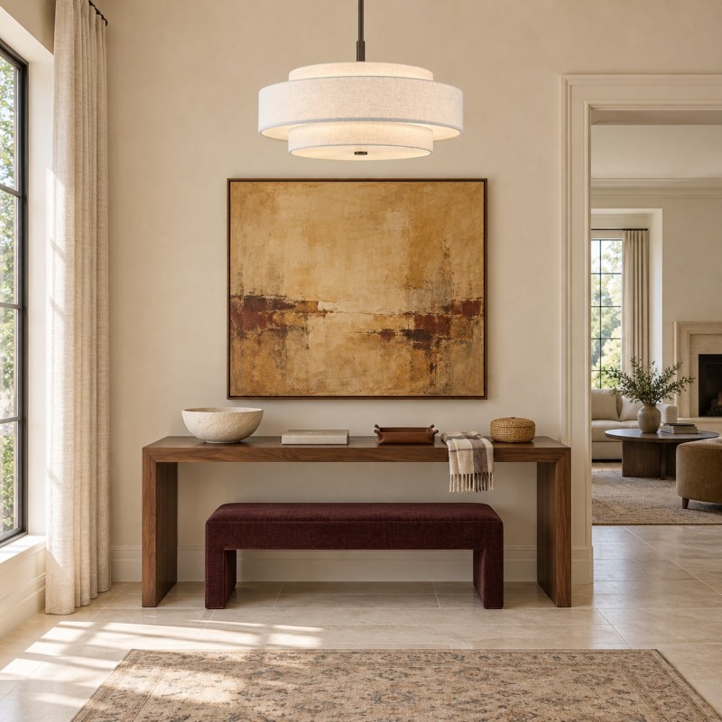 Harlow Linen Blend 5 Light Metal Double Tier Drum Pendant Light