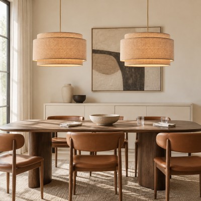 Virelai Modern Linen Double Drum Pendant Light
