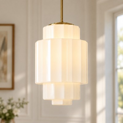 Winry Antique Brass Tiered Milk Glass Pendant Light
