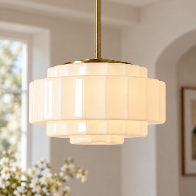 Winry Antique Brass Tiered Milk Glass Pendant Light