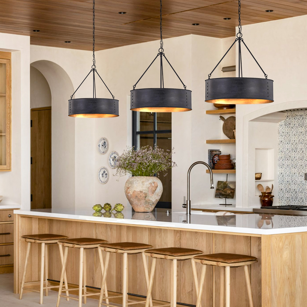 Metal Drum Shade Hanging Pendant Light | Black Drum Chandelier | Ping ...