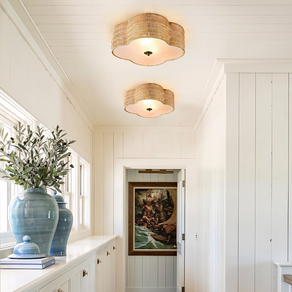 Boho Style Woven Ceiling Light | Coastal Semi Rattan Flush Mount