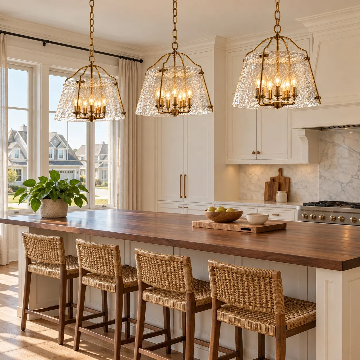 Clear pendants above a kitchen island