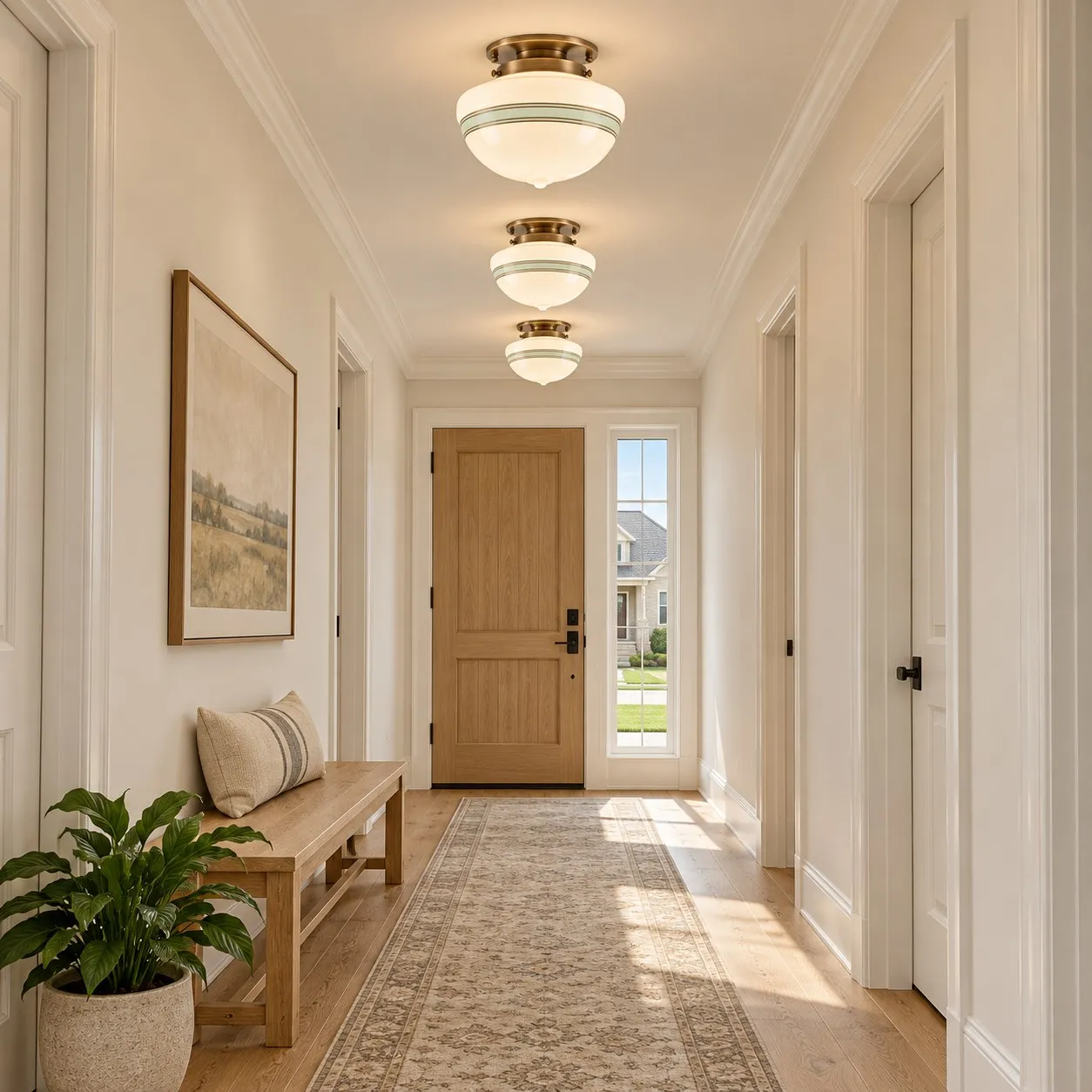Schoolhouse ceiling lights in a corridor