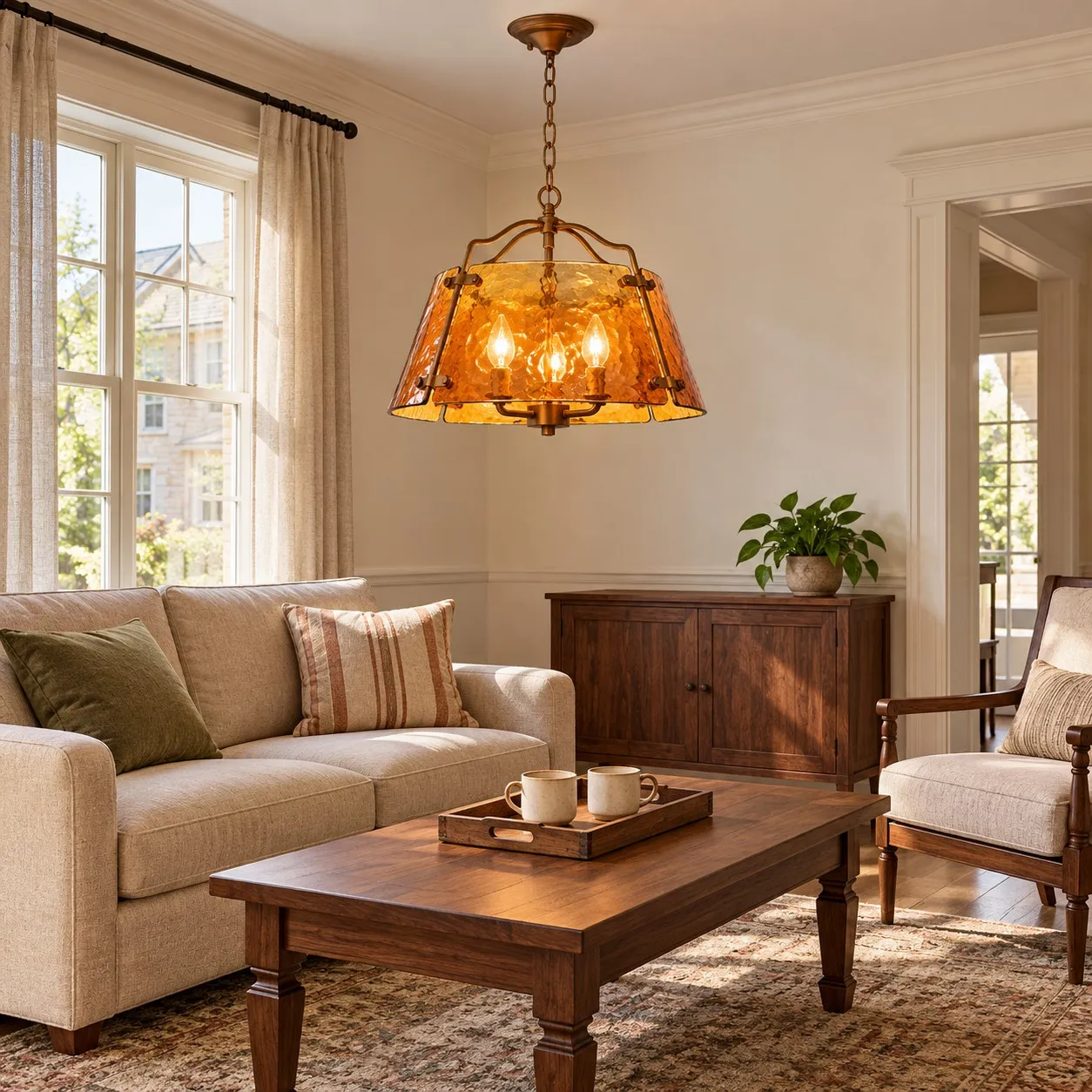 Amber pendant above living room seating