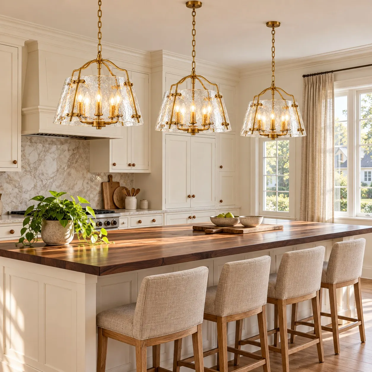 Clear pendants above a kitchen island