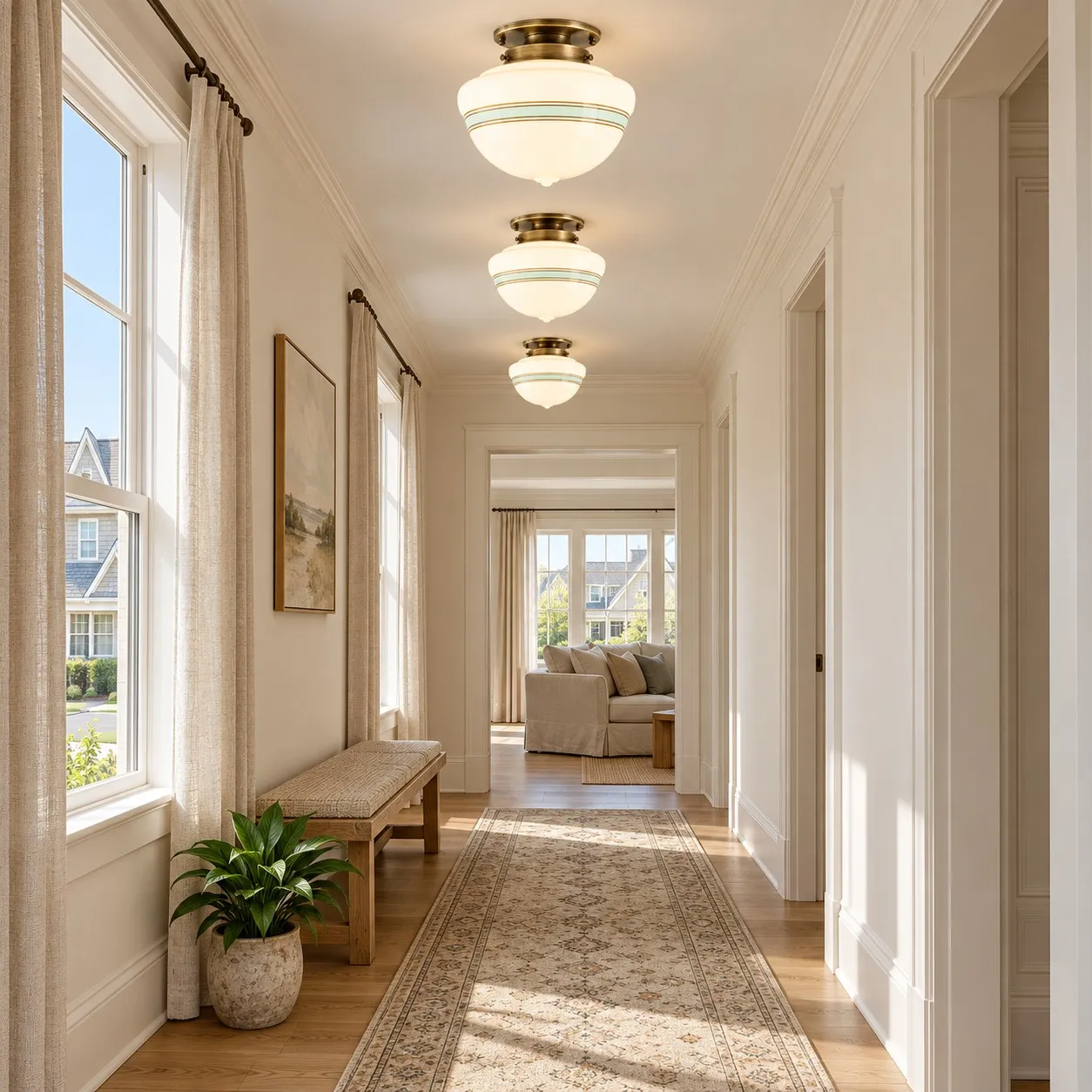 Schoolhouse ceiling lights along a hallway