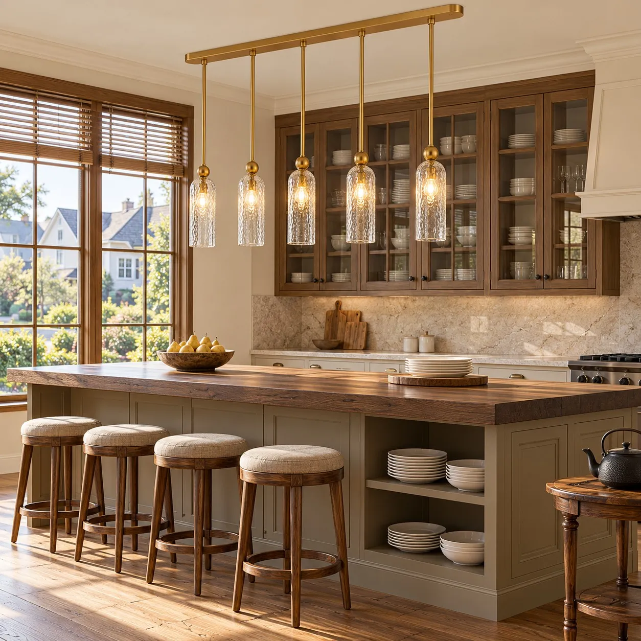 Linear pendant arrangement in a kitchen