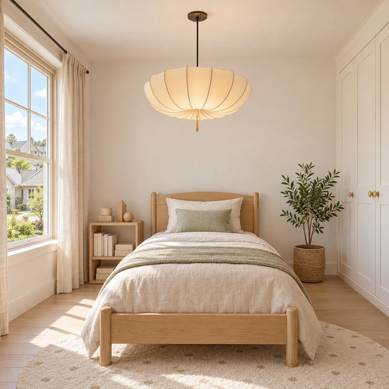 Millais white pumpkin pendant above a bedroom