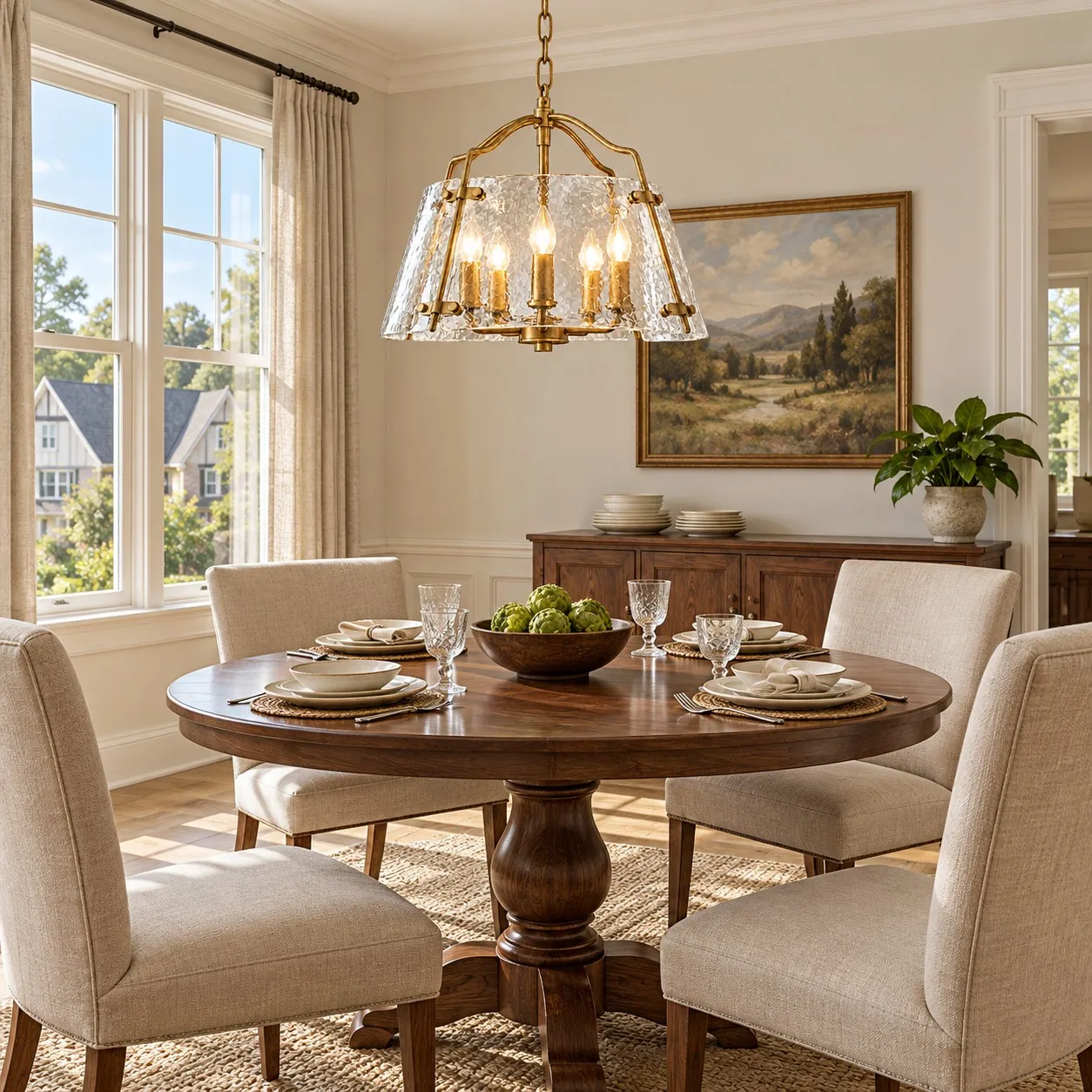 Clear Botero drum pendant above a dining table