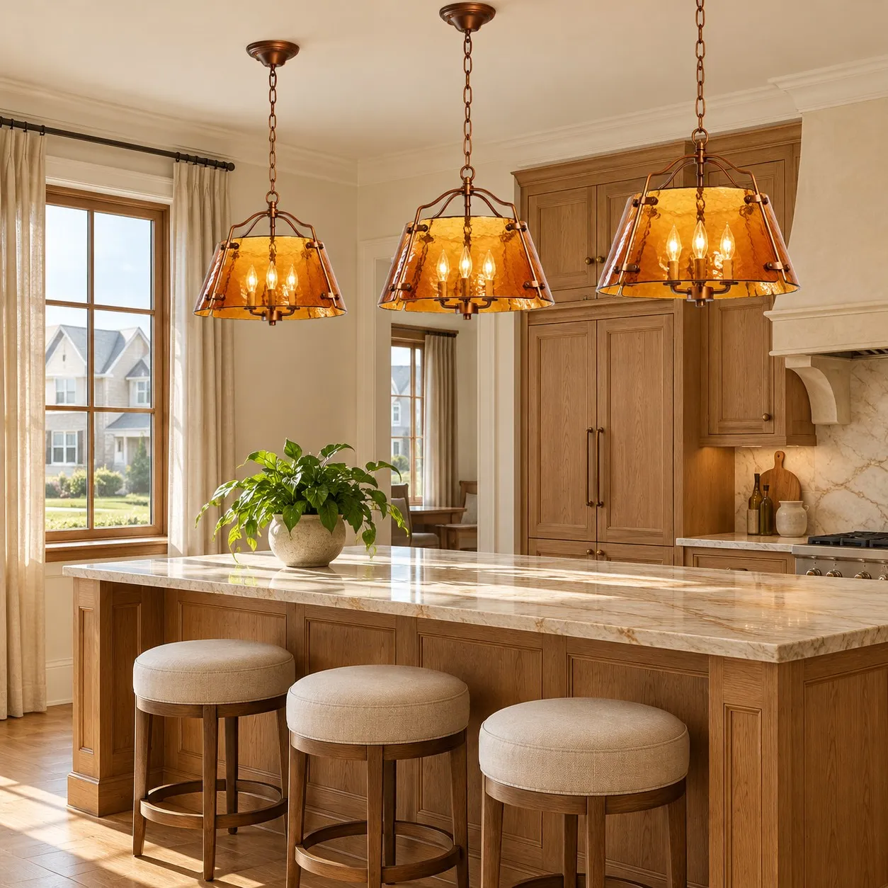 Amber pendants above a kitchen island