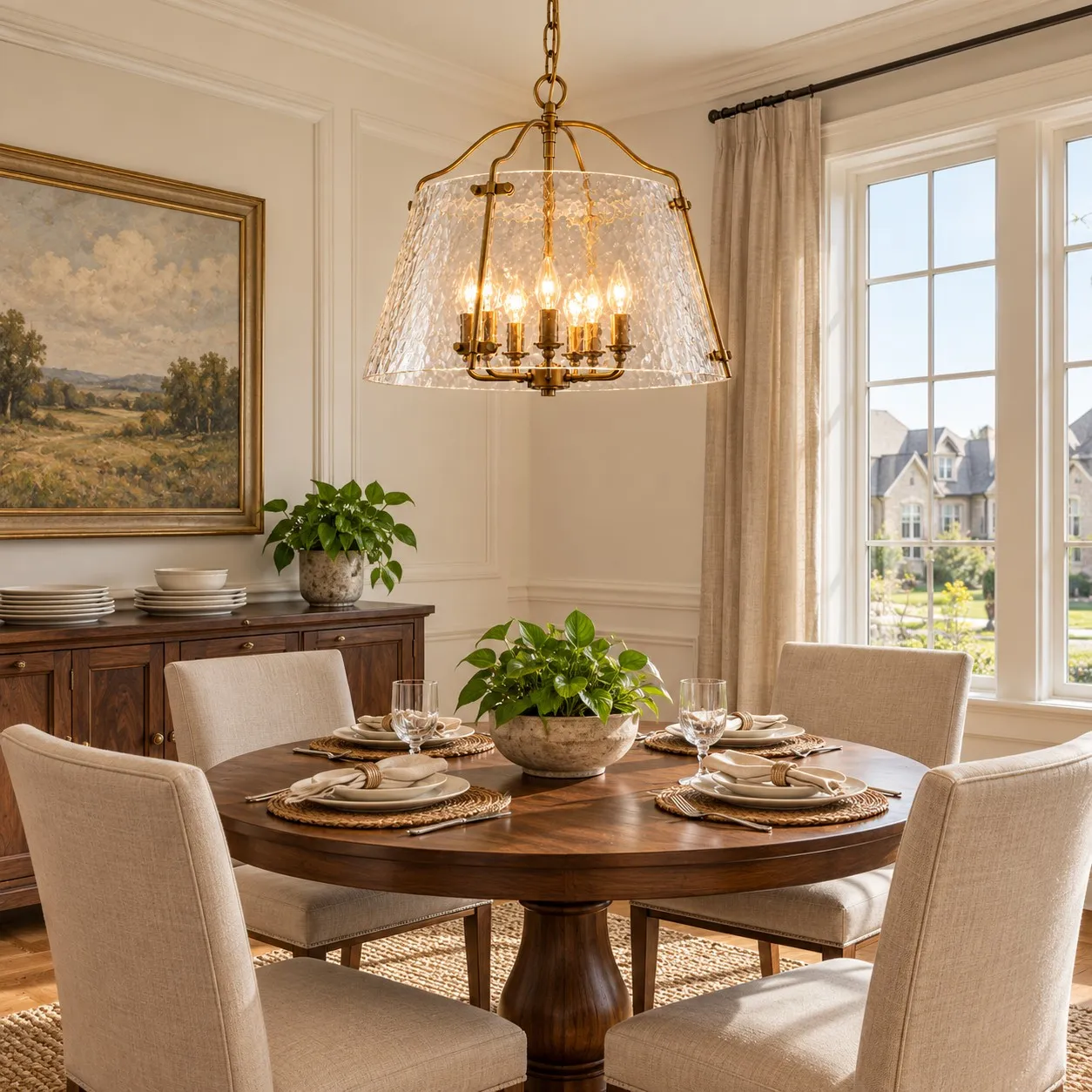 Clear pendant in a compact dining area