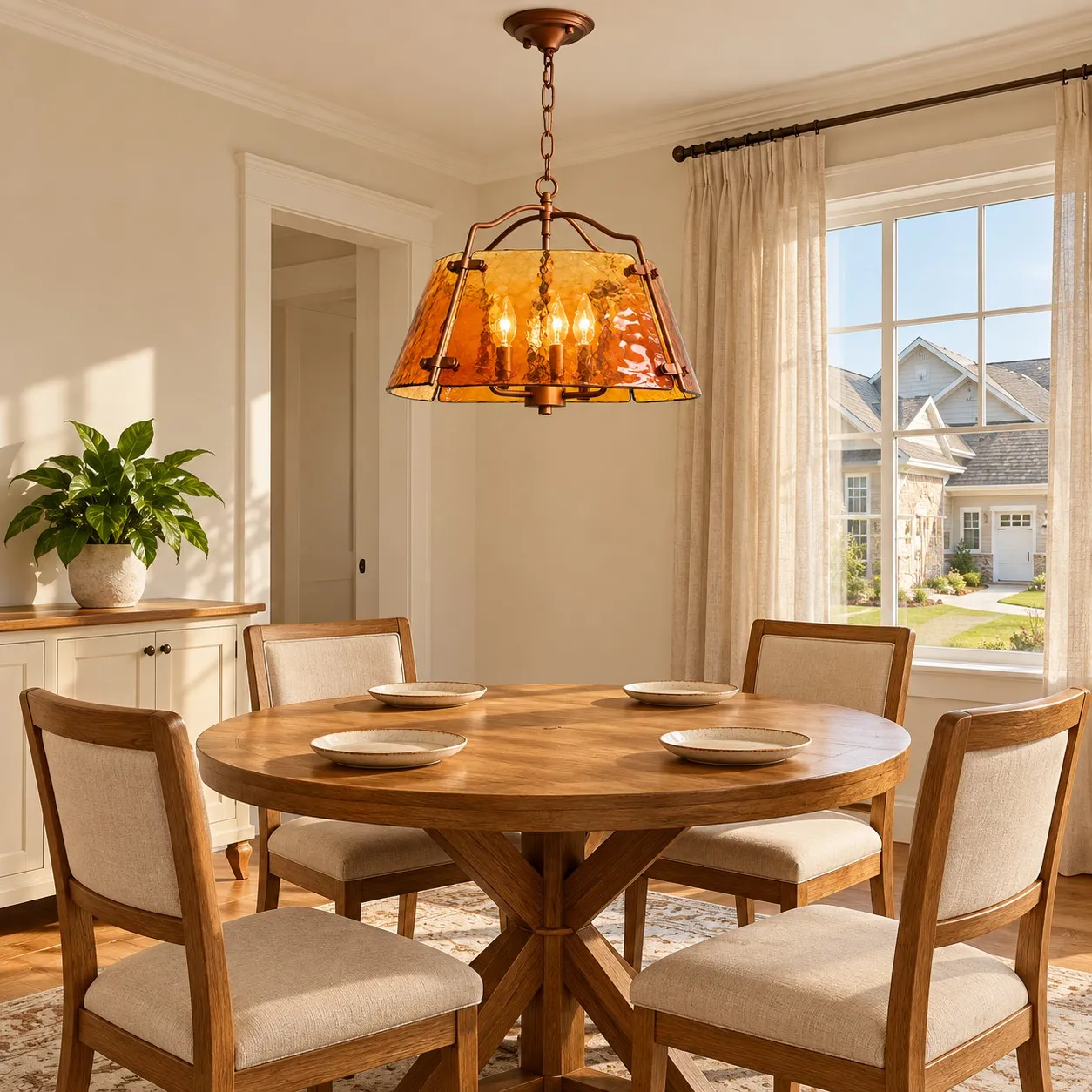 Amber Botero drum pendant above a dining table