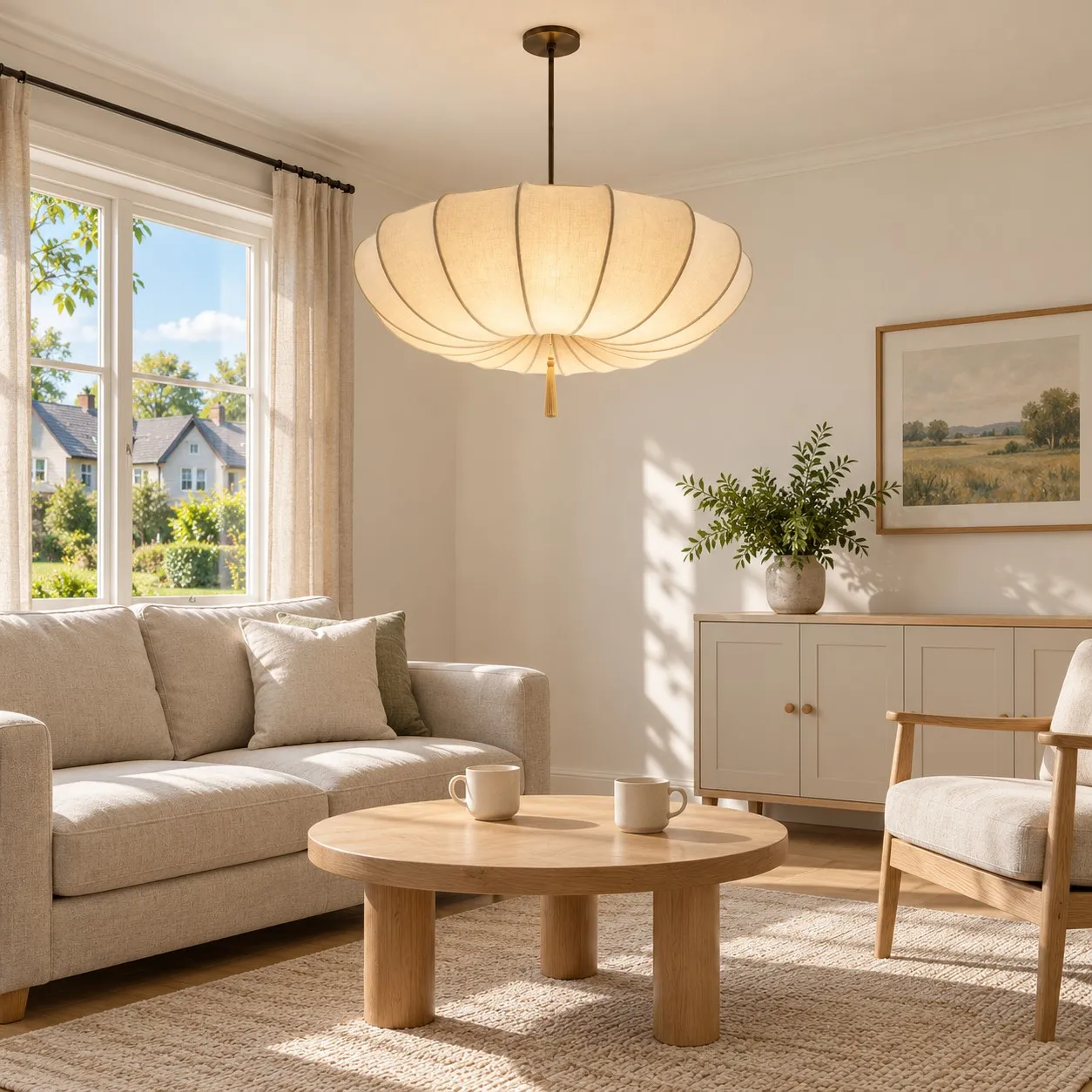 Millais pendant above a living room seating area