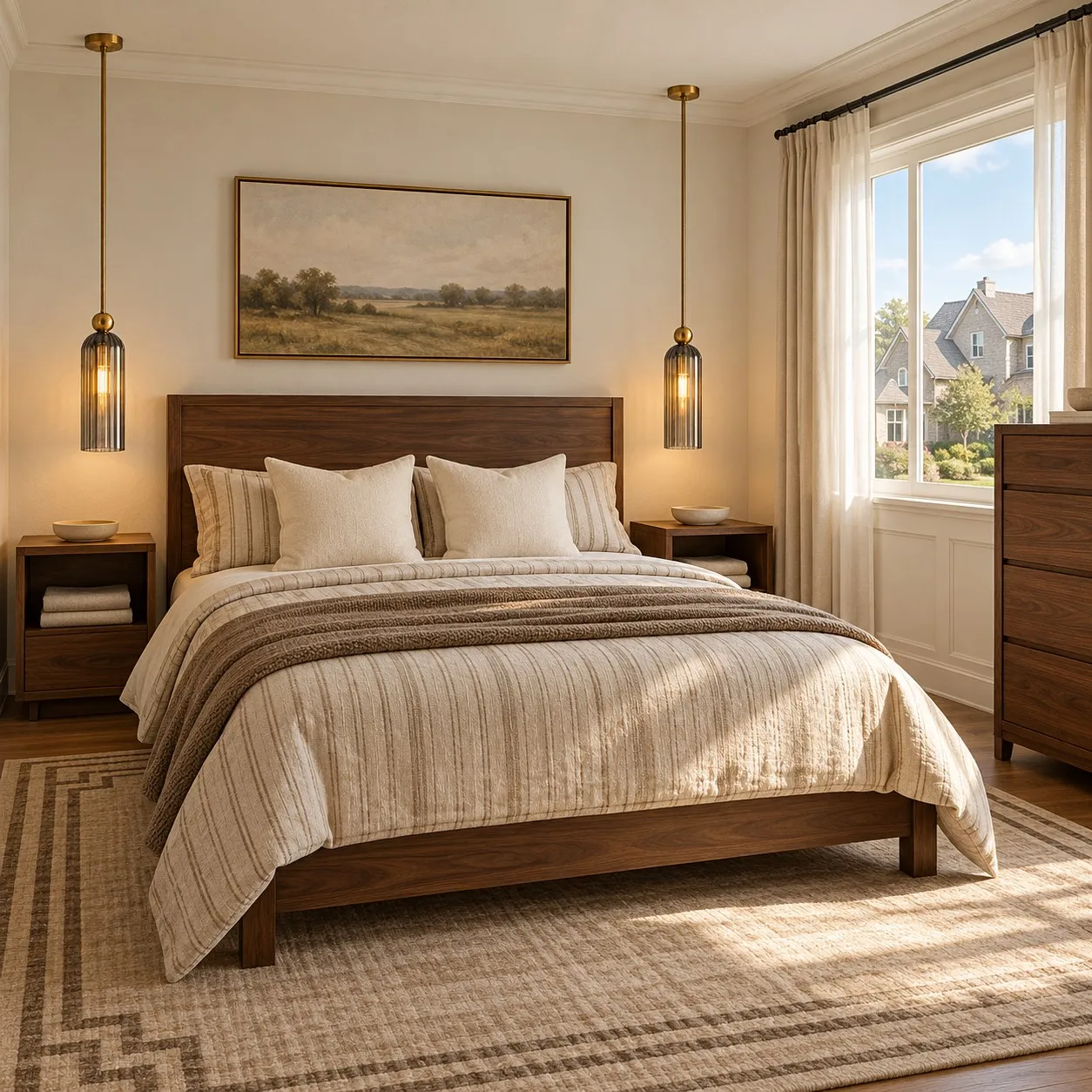 Pendant lighting beside a bed