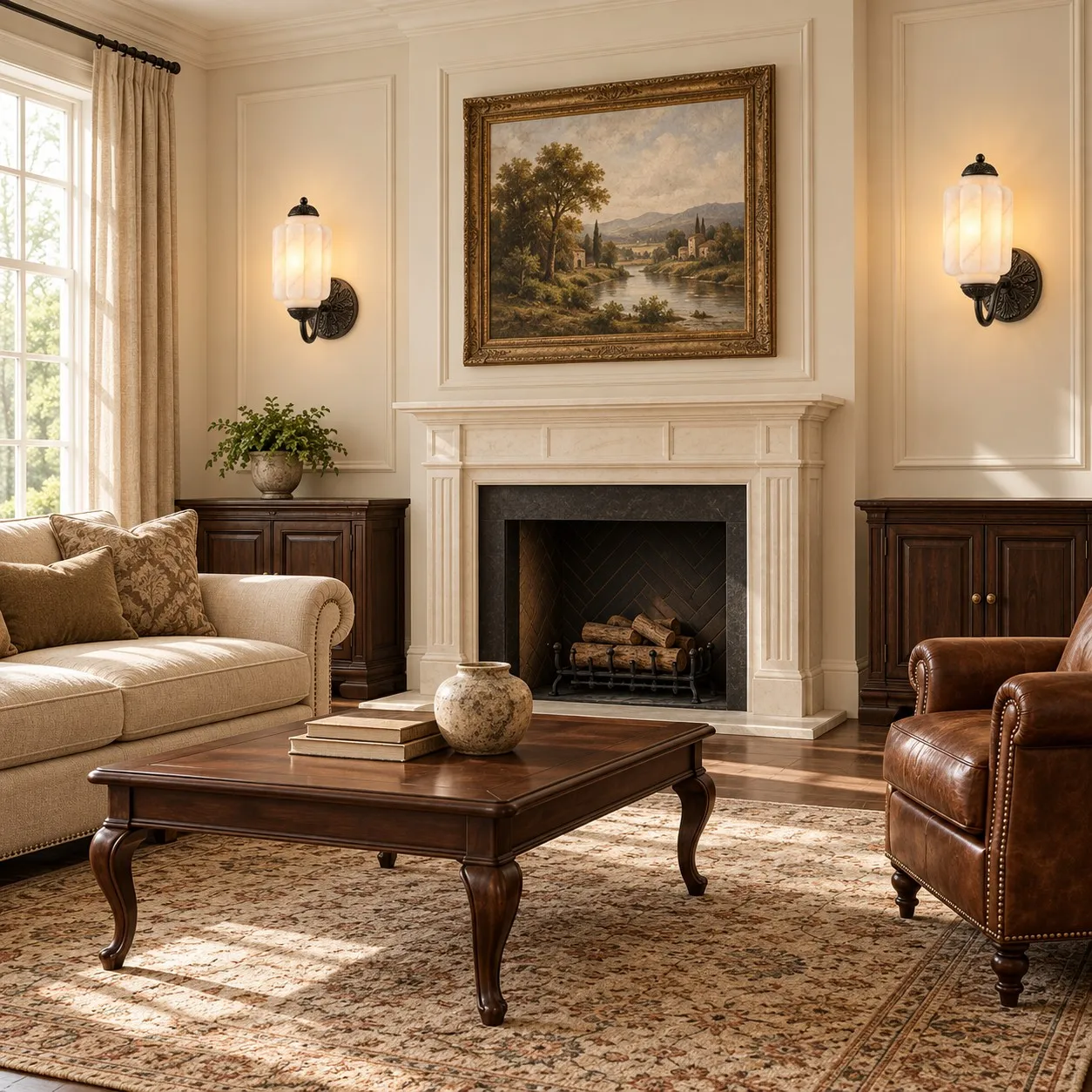 Black alabaster sconces beside a living room fireplace