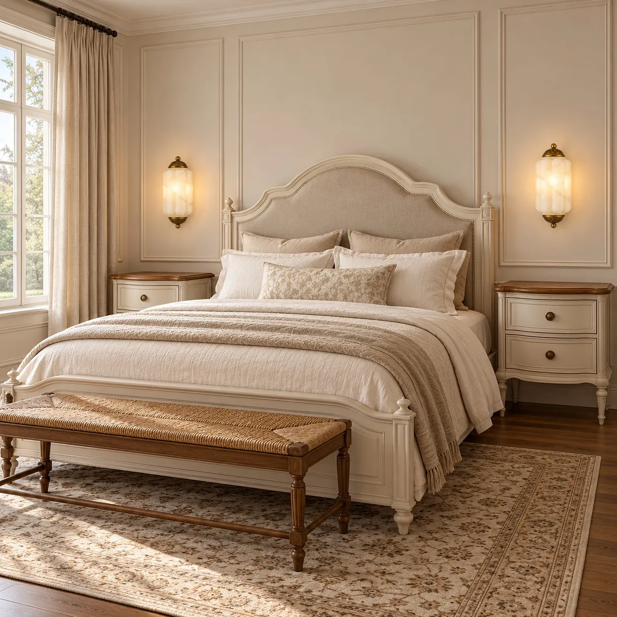 Eloise alabaster wall sconces framing an upholstered bed