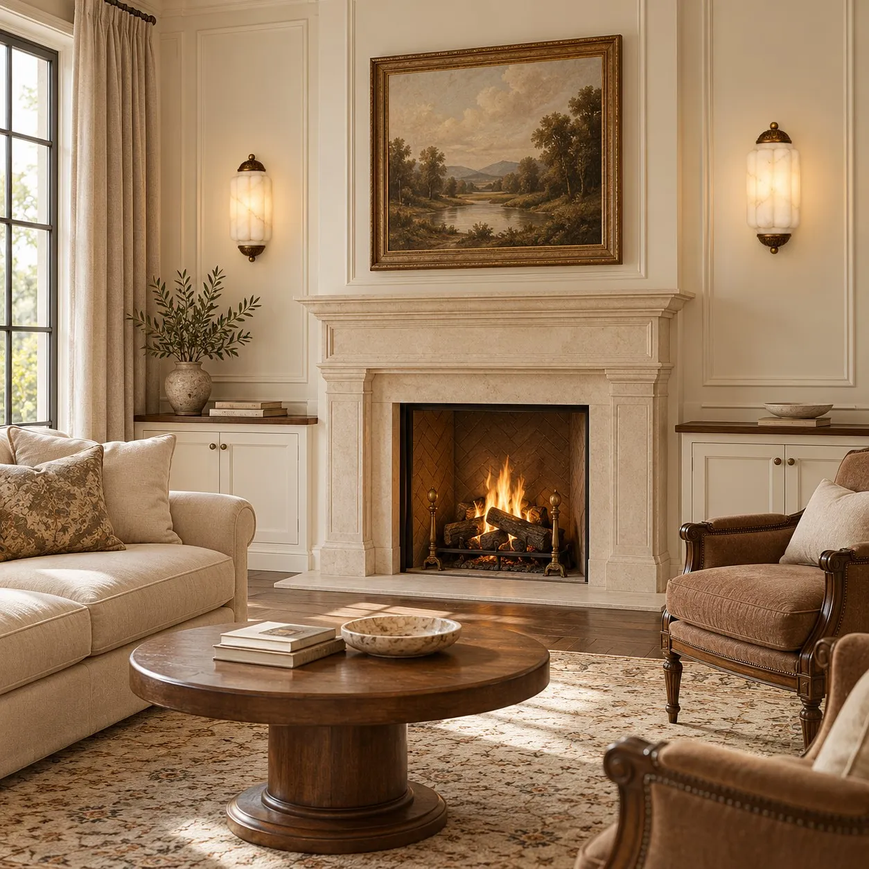 Brass Eloise sconces beside a living room fireplace