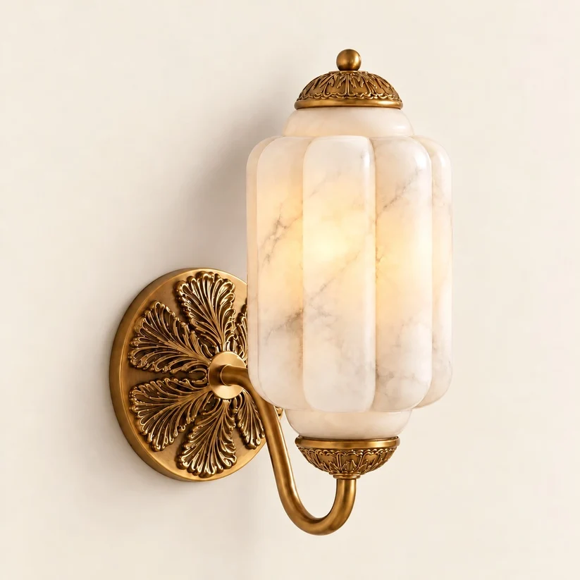 Brass finish curved-arm alabaster lantern wall sconce