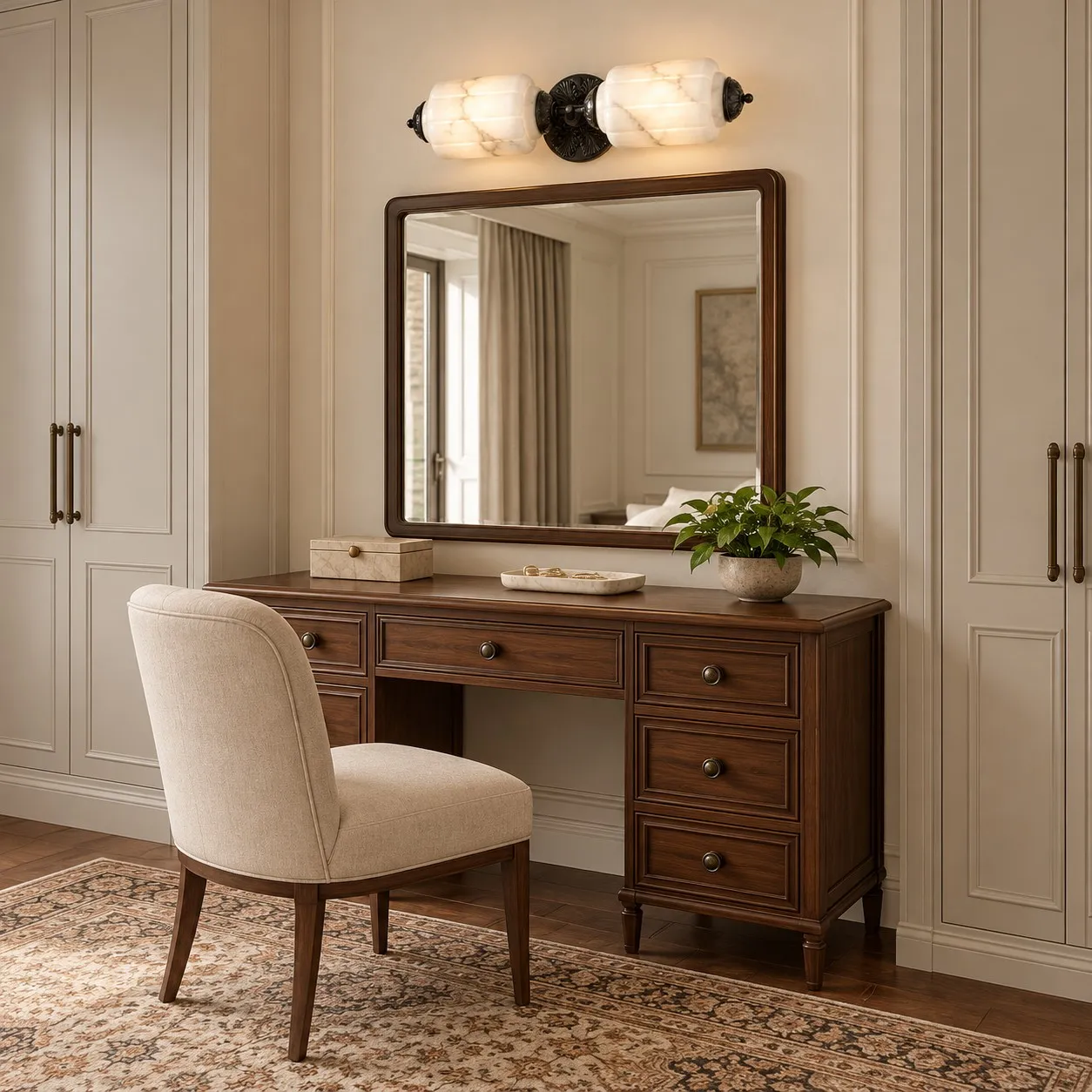 Black alabaster sconce above a dressing mirror