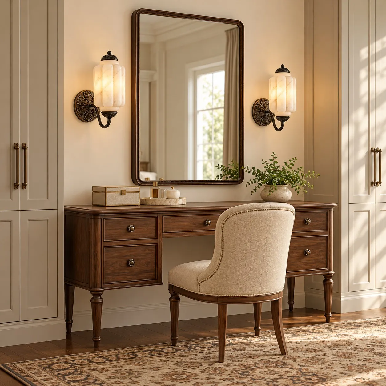 Black curved-arm wall sconces at a dressing table