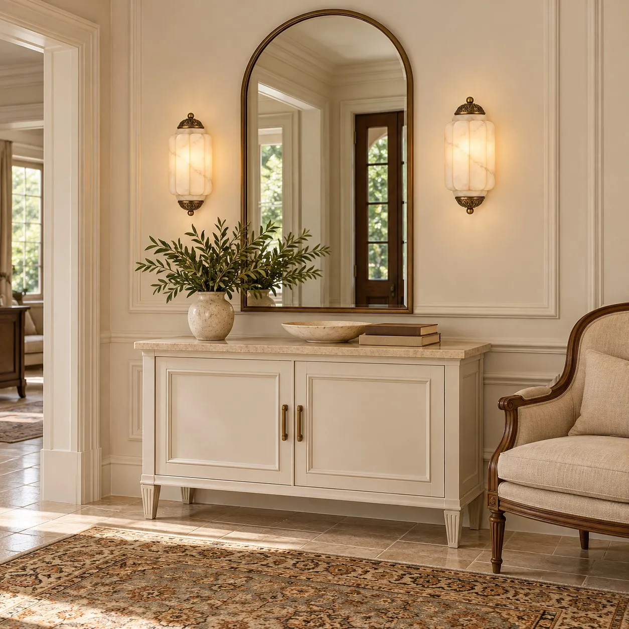 Brass Eloise sconces above a welcoming console