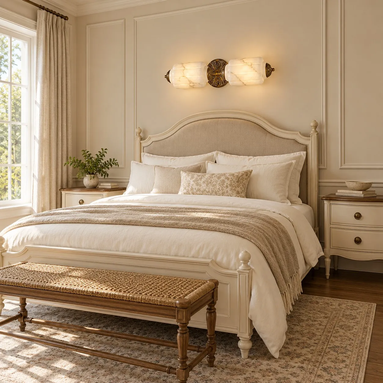 Brass horizontal alabaster wall sconce above an upholstered bed
